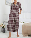 1 x RAW Customer Returns MINTLIMIT Women s Nightdress Cotton Nightwear Long V-Neck Sleepshirt with Pockets Checked, Brown, M - RRP €30.24