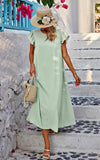 1 x RAW Customer Returns Toplop Dresses Women Long Round Neck Summer Dress Boho Office Beach Dress Belt Wrap Dress Ruffles Short Sleeve Swing Maxi Dress Business Outfit with Button and Pocket 76Light Green XL - RRP €35.39