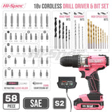 1 x RAW Customer Returns Hi-Spec 58-piece 18V cordless drill in pink with S2 bit set. DIY cordless screwdriver, drill for metal, drywall, wood and plastic in pink case - RRP €62.99