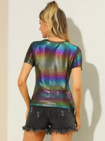 1 x RAW Customer Returns Allegra K Women s Sexy Metallic Top Blouse Party Festival Glitter Top Short Sleeve Crew Neck T-Shirt Multicolored XL - RRP €32.89