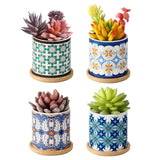 2 x RAW Customer Returns Lewondr Ceramic Succulent Pots, 4 Pack Decorative Flower Pot, 7.1CM Symmetry Pattern Planter with Holes Bamboo Coaster for Balcony Desktop Office Home, Multi-Colored - RRP €52.92