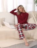 1 x RAW Customer Returns Uniexcosm Women s Cotton Pajama Set Long Two-Piece Sleepwear Raglan Sleeves Sleepwear and Checked Pajama Bottoms Leisure Suit Style 1 Wine Red M - RRP €35.99