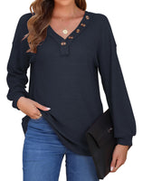 1 x Brand New WNEEDU Pullover Women s Blouses Long Sleeve V-Neck Shirts Casual Waffle Knit Tops Tunic Tops with Decorative Buttons Navy Blue S - RRP €24.19