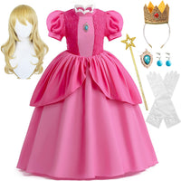 1 x RAW Customer Returns IKALI Children s Peach Costume, Girls Princess Fancy Dress Outfit Super Bros Pink Dress for Carnival Birthday Party with Headband Earrings Gloves Magic Wand Brooch Wig 7 Pieces 4-6 Years - RRP €46.38