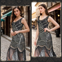 1 x RAW Customer Returns FEPITO 1920s V-Neck Sequin Fringe Dress with 20s Accessories Pure Black Gold, Medium  - RRP €39.59