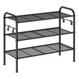 1 x RAW Customer Returns SONGMICS shoe rack, shoe stand with 3 levels, metal shelf with 4 side hooks, for 12 pairs of shoes, height-adjustable shelf, for entrance, hallway, wardrobe, easy to assemble, ink black - RRP €26.99