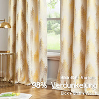 1 x Brand New FMFUNCTEX Beige Gold Foil Pine Forest Opaque Curtains Eyelet Curtain Cold Protection Blackout Curtains Thermal Insulated Curtains for Living Room Bedroom, 132 245cm, Set of 2 - RRP €32.99