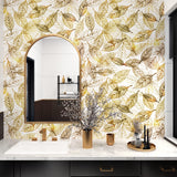 1 x Brand New Self-adhesive wallpaper gold leaves adhesive film for furniture door kitchen cabinets 44.5cm X 10m wall wallpaper living room bedroom waterproof furniture film pattern wall wallpaper self-adhesive cupboard paper - RRP €49.99