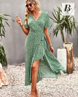 1 x RAW Customer Returns BebreezChic Summer Dress Women Long Boho Floral Short Sleeve V-Neck Elegant Wrap Dress Beach Dress Maxi Dress with Belt, Green S - RRP €39.64