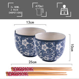 4 x Brand New Panbado 4-piece porcelain dinner service set, includes 2 porcelain bowls for noodles, ramen and 2 pairs of chopsticks for 2 people, Japanese soup bowl, cereal bowls, flower pattern, blue - RRP €87.96