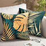 1 x Brand New HomeStilez Set of 4 Green Cushion Covers 45 x 45 cm Waterproof Linen Golden Palm Leaves Decorative Pillow Cushion Cover Tropical Plant Theme Couch Cushion for Garden Bench Chair Sofa Furniture - RRP €19.18