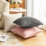 1 x RAW Customer Returns MIULEE Set of 2 corduroy velvet cushion covers, pompom velvet sofa cushions, decorative cushions, decorative cushion covers, decorative cushion cover for sofa, living room, bedroom, cafeteria, 45 x 45 cm, beige - RRP €20.99