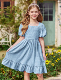 1 x RAW Customer Returns Arshiner Dresses Girls Puff Sleeve Princess Summer Dress Backless Children s Dress Solid Communion Festive Party Dress Blue 12 - RRP €31.03