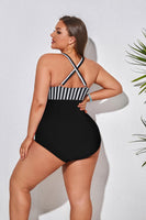 1 x RAW Customer Returns Hanna Nikole Women s Tummy Control Swimsuit Plus Size One Piece Cross Back Bathing Suit Black White Stripes 54 - RRP €40.32