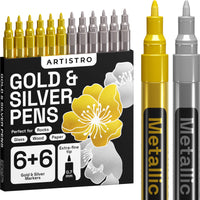 1 x RAW Customer Returns Gold pen metallic silver pen metallic for stones, ceramics, glass, wood, metal, fabric, set with 6 gold permanent oil paint pens and 6 silver acrylic paint pens with extra fine tip 0.7 mm - RRP €17.09