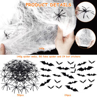 4 x Brand New Tarocat Halloween spider web horror decoration, Halloween spider web, 140g stretch spider webs, 50 fake spider and 24 bat stickers, decorative spider webs for outdoor party garden decoration - RRP €81.6