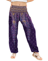 1 x Brand New Lofbaz Women Peacock Print Smocked Waist Harem Pants Purple M - RRP €43.73