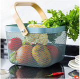 1 x RAW Customer Returns HOJKMA Mesh Steel Storage Basket with Wooden Handle, Multifunctional Metal Wire Hanging Kitchen Baskets Fruit Basket Ideal for Kitchen, Bathroom, Pantry, Closet, Shopping, Green - RRP €19.15