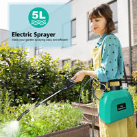 1 x RAW Customer Returns SYLSTAR Pressure Sprayer 5 Liters, Electric Plant Sprayer with 3 Mist Nozzles, USB Rechargeable Handle and Telescopic Pole, Garden Sprayer, Weed Sprayer Water Sprayer with Adjustable Shoulder Strap Green  - RRP €49.99