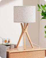 1 x RAW Customer Returns EDISHINE wooden bedside lamp, LED table lamp living room, table lamp vintage with cable, linen lampshade, country house style, E27 lamp, tripod for bedroom, living room, gift, beige natural wood - RRP €37.99