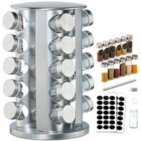 1 x RAW Customer Returns Manf Spice Display Rack, 360 Rotating Shelves, 430 Stainless Steel Carousel, Spice Storage Rack, 20 Thickened Glass Jars with Cap, Spice Rack, Freestanding Storage for Kitchen - RRP €31.76