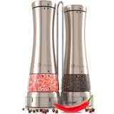 1 x RAW Customer Returns Salt and pepper mill - 2-piece spice mill set electric made of stainless steel with ceramic grinder for Himalayan salt, peppercorns and spices - with LED and FREE stand - RRP €34.33