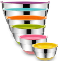 1 x RAW Customer Returns Umite Boss Mixing Bowls with Airtight Lids, 6 Piece Chef Stainless Steel Metal Bowls, Measurement Markings and Colorful Non-Slip Bases, Size 7, 3.5, 2.5, 2.0, 1.5, 1 QT, Ideal for Mixing - RRP €38.3