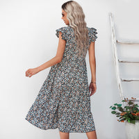 1 x RAW Customer Returns Jiraewh Women s Summer Dresses Cap Sleeves Floral V-Neck High Waist Casual Midi Dresses Bohemian Beach Party Dresses 5070-BKM  - RRP €20.16