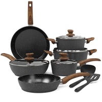 1 x RAW Customer Returns Kitchen Academy Induction Pots Set - 12-piece Black Granite Cooking Pots Set, Non-Stick Pot Set and Pans Set, PFOA PFOS-free - RRP €109.99