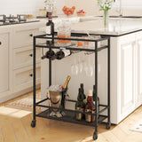 1 x RAW Customer Returns MAHANCRIS Serving trolley, glass shelves, 2 levels trolley with wine rack, wheels, kitchen trolley, bar trolley, wine trolley, 63 x 28 x 82 cm, for small spaces, kitchen, dining room, bar, black ARCH63B01 - RRP €31.97