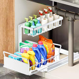 1 x RAW Customer Returns Tikxlafe Kitchen Under Sink Storage Stainless Steel 2 Tiers, Carbon Steel Under Sink Organizer with Sliding Drawer, Pull-Out Under Sink Storage Spice Rack White  - RRP €24.19