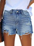 1 x RAW Customer Returns Sovoyontee Women s High Waist Denim Shorts Casual Ripped Summer Hot Pants Frayed Distressed Jeans Pockets Sky Blue S - RRP €34.27