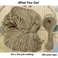 17 x Brand New KAZITOO Jute Netting for Climbing Plants, Vegetables, Runner Beans, Sweet Peas, Biodegradable, Compostable, Natural Netting with 10m Jute Twine for Fixing, Garden Trellis Frame 1m x 5m  - RRP €220.83