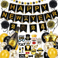 3 x Brand New New Year s Eve Party Supplies 2024 Set Happy New Year Banner Gold Black Paper Flag Pennant Chain Swirl Streamers Pom Poms Star Garland Balloons for NYE Decorations 2024 New Year s Eve Party - RRP €57.6