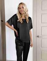 1 x RAW Customer Returns Ekouaer Pajamas for Women Satin Short Sleeve Pajamas Set Women 2 Piece Sleepwear Long Pants, Black, M - RRP €32.99