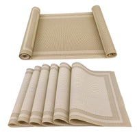 1 x RAW Customer Returns Placemat Stain Resistant Washable PVC Placemats Non Slip Coffee Mat Crossweave Woven Vinyl Heat Resistant Kitchen Table Mats for Dining Table Gold, 6 Placemats and 1 Table Runner  - RRP €18.99