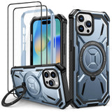 1 x RAW Customer Returns Lanhiem for iPhone 15 Pro Max Case with 2 Pieces Tempered Glass, 360 Ring Stand Protective Case, Military Shockproof Cell Phone Case for iPhone 15 Pro Max Case, Blue - RRP €21.99