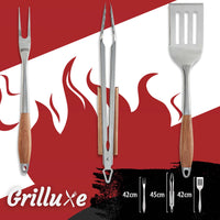 1 x RAW Customer Returns Grilluxe Premium barbecue cutlery set, 3 pieces Deluxe BBQ Tool Set Acacia wood stainless steel Extra long Grill tongs grill spatula meat fork Grills and ovens Integrated bottle opener - RRP €36.9