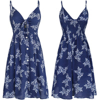 1 x RAW Customer Returns FANCYINN Dress Women Summer Knee Length Neckline V-Neck Summer Dress Midi Straps Backless A-Line Dresses Beach Dresses Floral Print Navy Blue L - RRP €20.11