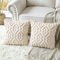 1 x RAW Customer Returns Artscope Set of 2 Wool Cushion Covers Soft Plush Short Wool Velvet Decorative Pillowcases Luxurious Sofa Cushion European Cushion Cover for Sofa Bedroom Geometric Cream Beige, 40 x 40 cm - RRP €16.13