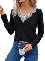 1 x Brand New GORGLITTER Women s Elegant T-Shirt Lace Long Sleeve Office Top Patchwork T-Shirts Lace Shirt Black XS - RRP €16.44