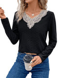 1 x Brand New GORGLITTER Women s Elegant T-Shirt Lace Long Sleeve Office Top Patchwork T-Shirts Lace Shirt Black L - RRP €16.44