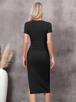 1 x RAW Customer Returns Missufe Summer Dress Midi Dress Bodycon Slit Pencil Dress Women s Casual Dress Tight Short Sleeve Figure-hugging Gathered T-Shirt Dresses Black, Large  - RRP €29.99