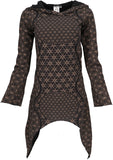 1 x RAW Customer Returns GURU SHOP Ethno Pixi Mini Dress, Printed Goa Dress Long Sleeves, Black Brown, Cotton, Size L 40  - RRP €30.9