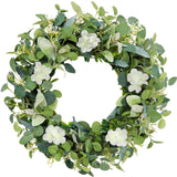 1 x RAW Customer Returns Weldomcor Wreath Artificial Eucalyptus, Artificial Eucalyptus Wreaths for the Front Door Wreath 50 cm Large Green Leaf Wreaths with White Flowers for Wedding Door Party Window Wall Garden Decoration - RRP €24.99