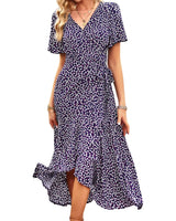 1 x Brand New BebreezChic Summer Dress Women Long Boho Floral Short Sleeve V-Neck Elegant Wrap Dress Beach Dress Maxi Dress with Belt, Blue-Violet S - RRP €37.04