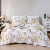 1 x RAW Customer Returns Jemiipee Duvet Cover Set for Double Bed with Golden Tropical Leaves Pattern 1 x Duvet Cover 220x240 cm and 2 x Pillowcases 50x75 cm 100 Microfibre White Gold Set - RRP €37.68