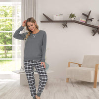 1 x RAW Customer Returns Mnemo pajamas women 100 cotton Comfortable pajamas women cotton with check pattern grey black, XL  - RRP €32.99