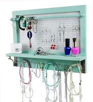 1 x RAW Customer Returns Spiretro Wall Mount Jewelry Storage, Wooden Jewelry Organizer Holder with Hook Shelf Rod Hanging Earrings Necklaces Bracelets Rings Storage Accessories Turquoise Shabby Chic Turquoise - RRP €44.09