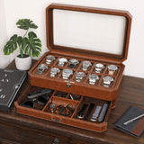 1 x RAW Customer Returns ROTHWELL 12-Compartment Leather Watch Box with Valet Drawer - 12 Compartment Luxury Watch Case, Display Organizer, Microsuede Insert, Men s Accessories Holder, Jewelry Box, Jewelry Display Organizer Tan Brown  - RRP €139.28